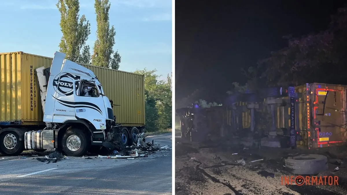 Смертельна аварія на трасі Дніпро – Миколаїв: вантажівка DAF після зіткнення з Volvo перекинулась на бік