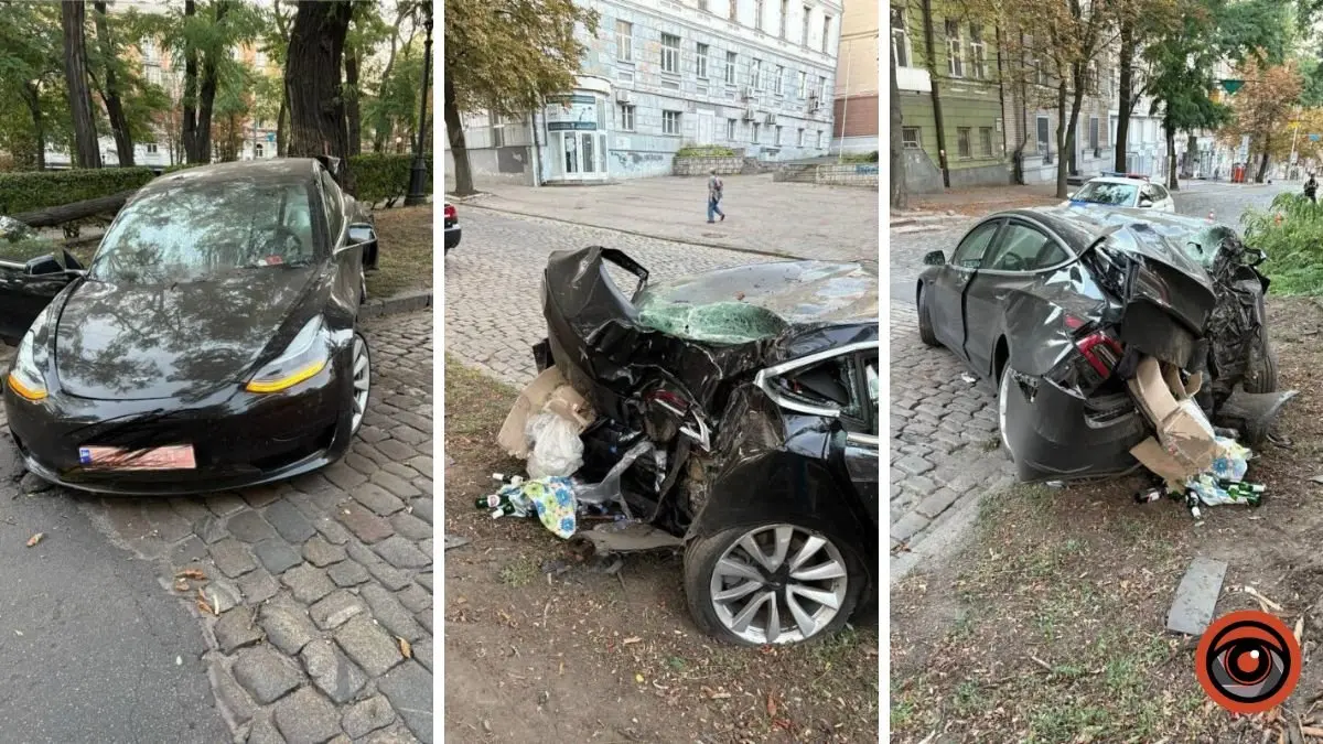 У Дніпрі на проспекті Яворницького Tesla влетіла в дерево: постраждав водій