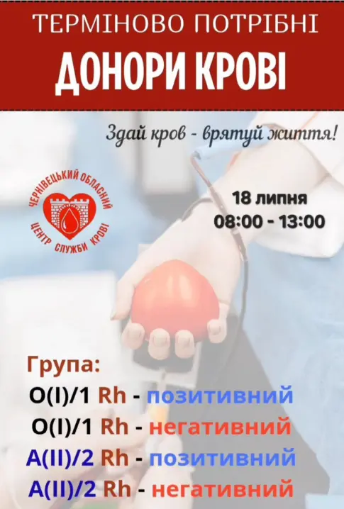 У Чернівцях терміново потрібна 1 і 2 група крові